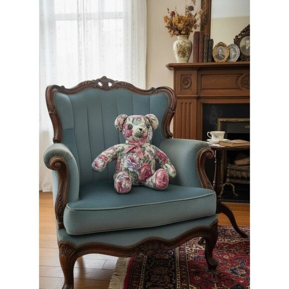 Floral Upholstered Teddy Bear With Pink Bow 15" Handmade Decorative Plush Keepsa - Picture 1 of 6